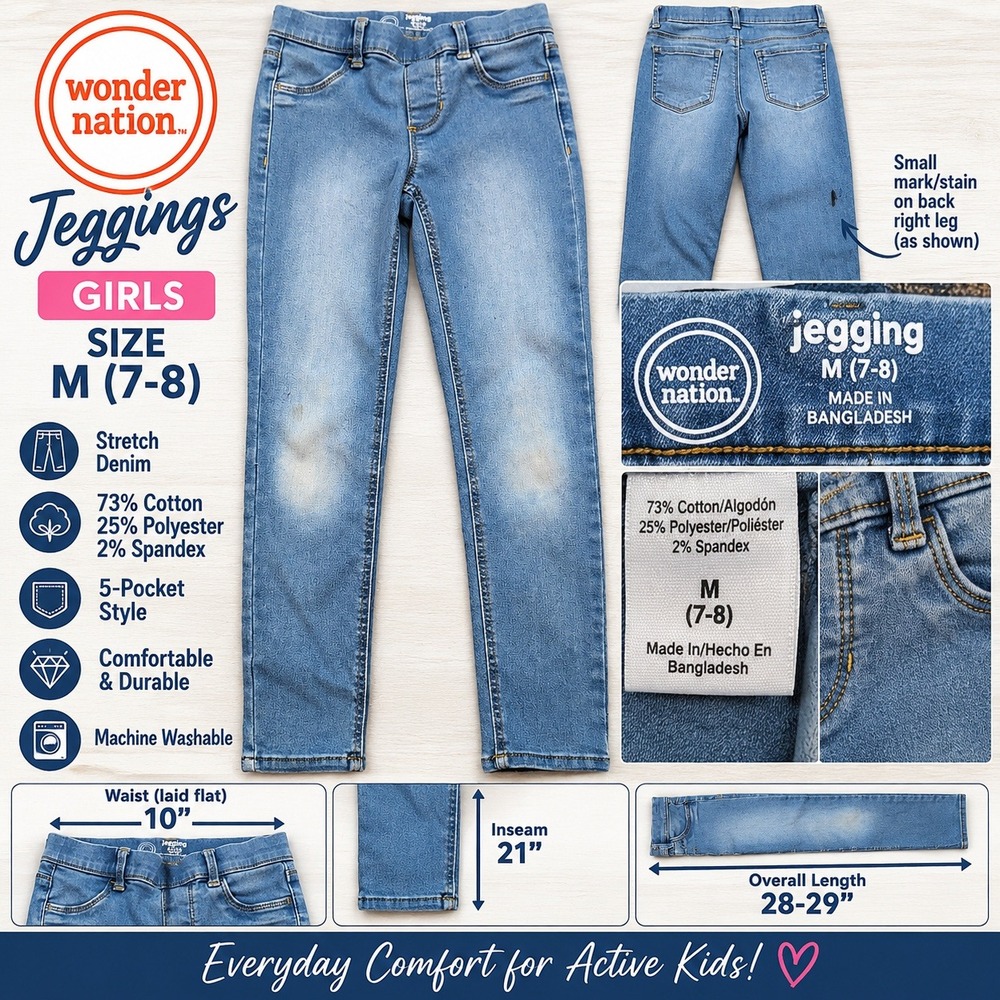 Wonder Nation Girls Jeggings Size M 7-8 Light Wash Stretch Denim 5-Pocket Style